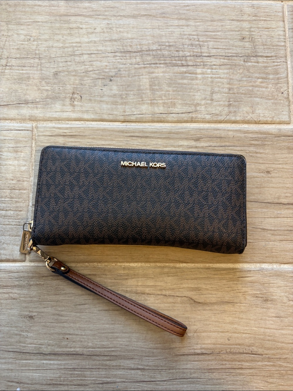 Michael Kors Brown MK Logo Zip-Around Wristlet Wallet with Gold Hardware